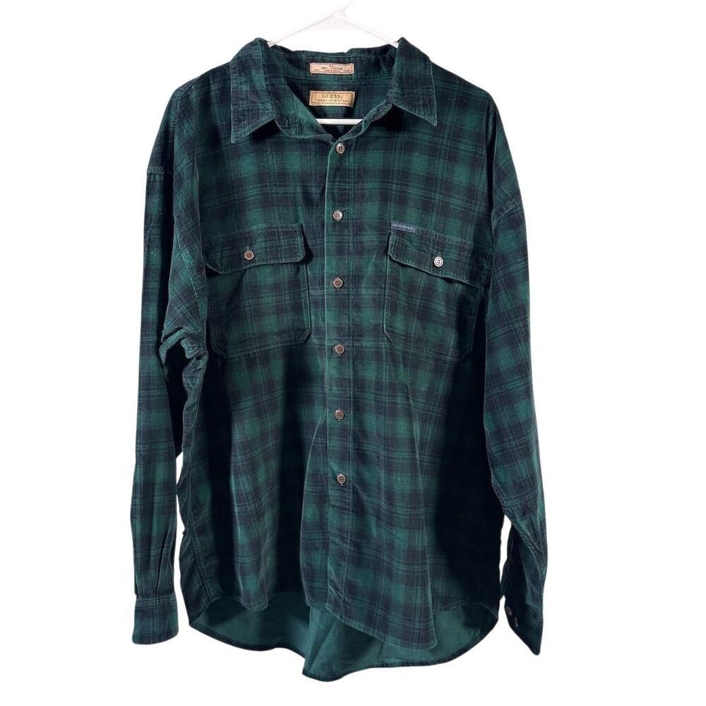 GUESS Men's Vintage Plaid Cotton Corduroy Shirt XL Green Navy Long Sleeve Casual